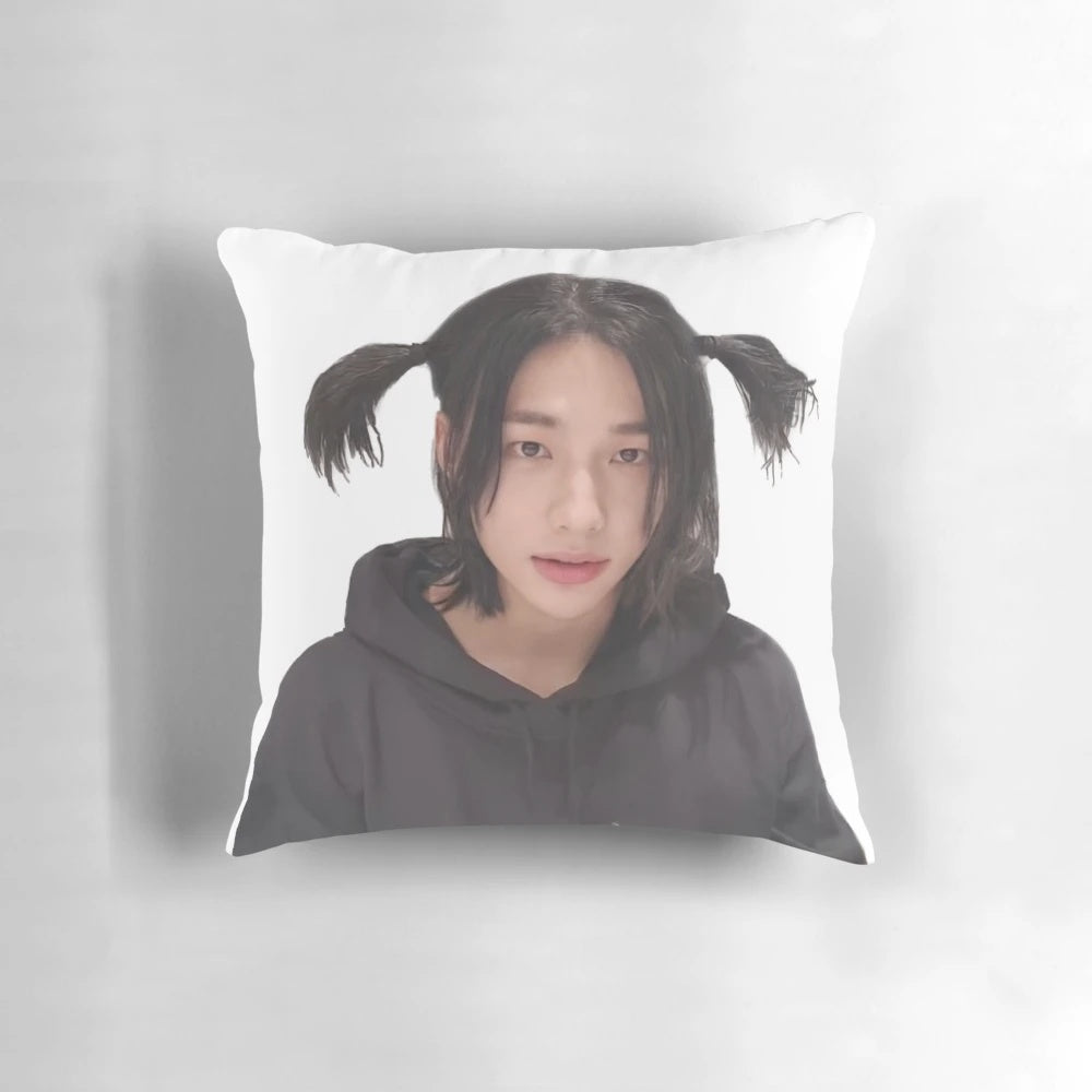 Soft and plush pillow featuring Stray Kids member Hyunjin's iconic pigtails hairstyle.
