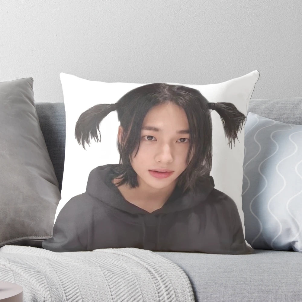 Soft and plush pillow featuring Stray Kids member Hyunjin's iconic pigtails hairstyle.