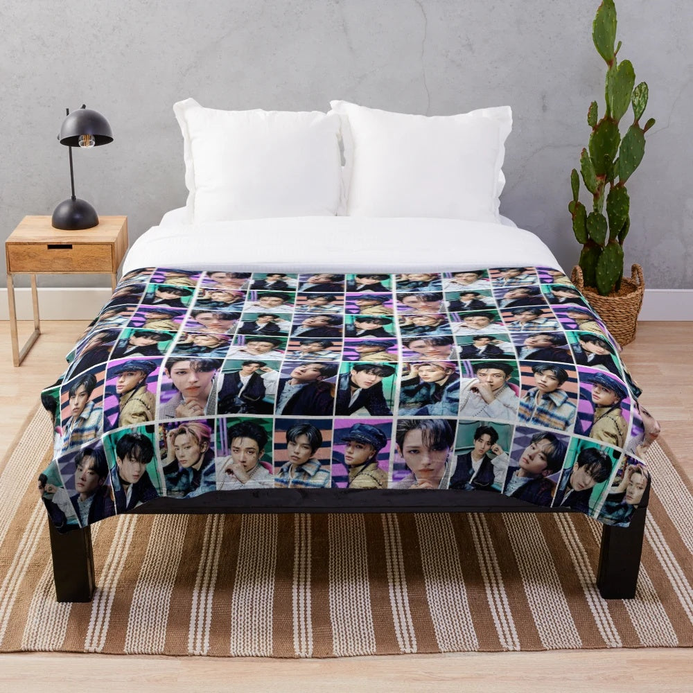Stray Kids-inspired plush blanket featuring the members and group logo