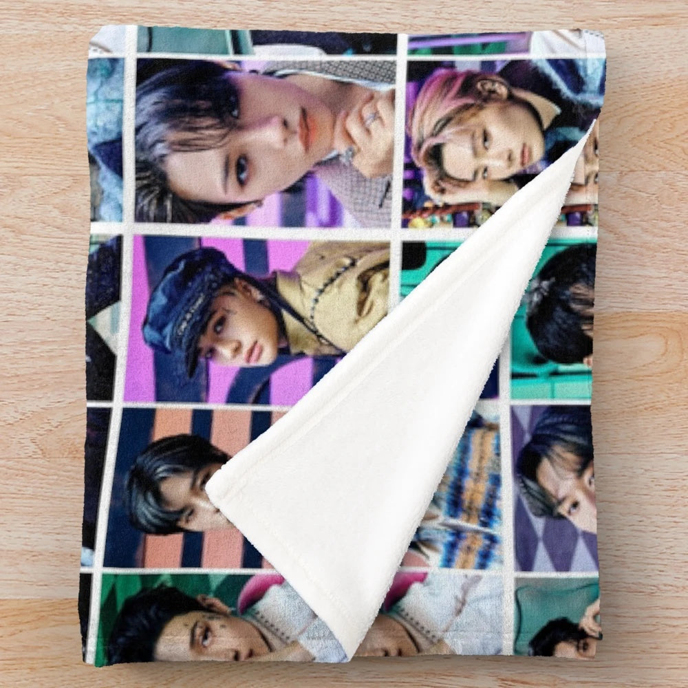 Stray Kids-inspired plush blanket featuring the members and group logo