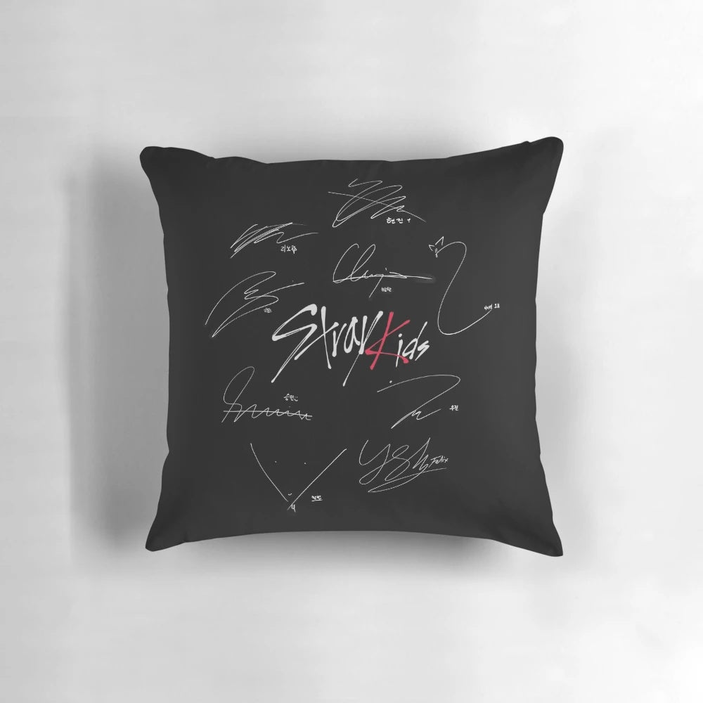 Stray Kids Signature Design Pillow featuring the group's logo and autographs