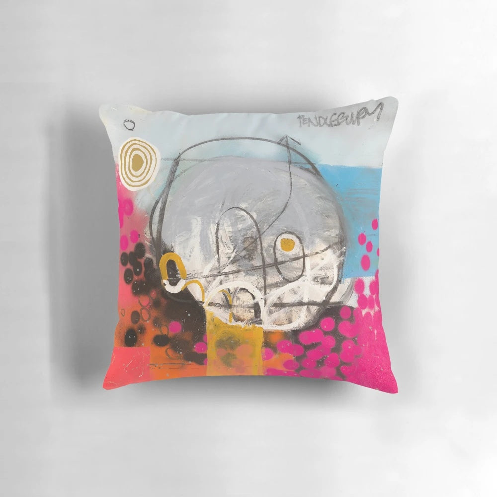 Vibrant abstract art pillow featuring a striking blend of blue and purple hues, designed by the renowned artist Pendlebury.