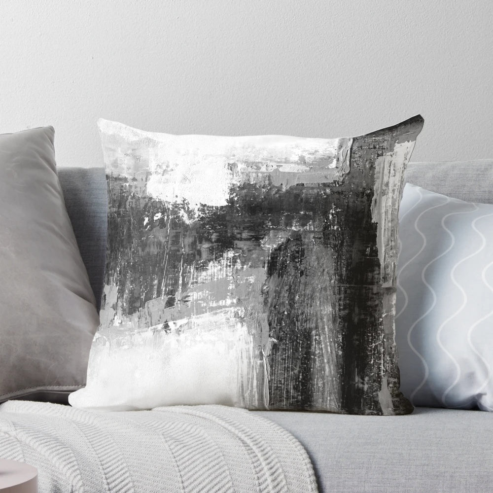 Abstract black and white striped pillow with minimalist brush stroke design