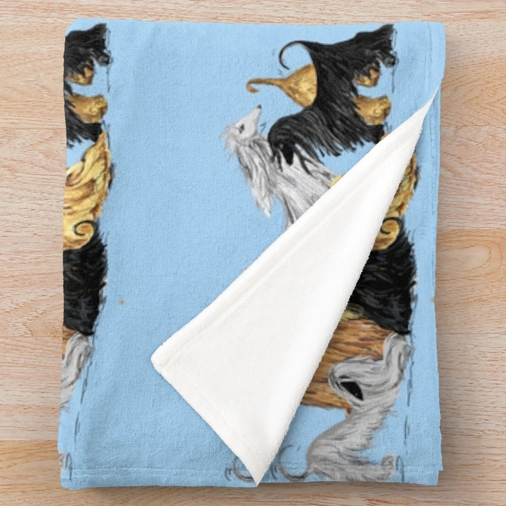 Illustration of an Afghan hound on a blue plush blanket