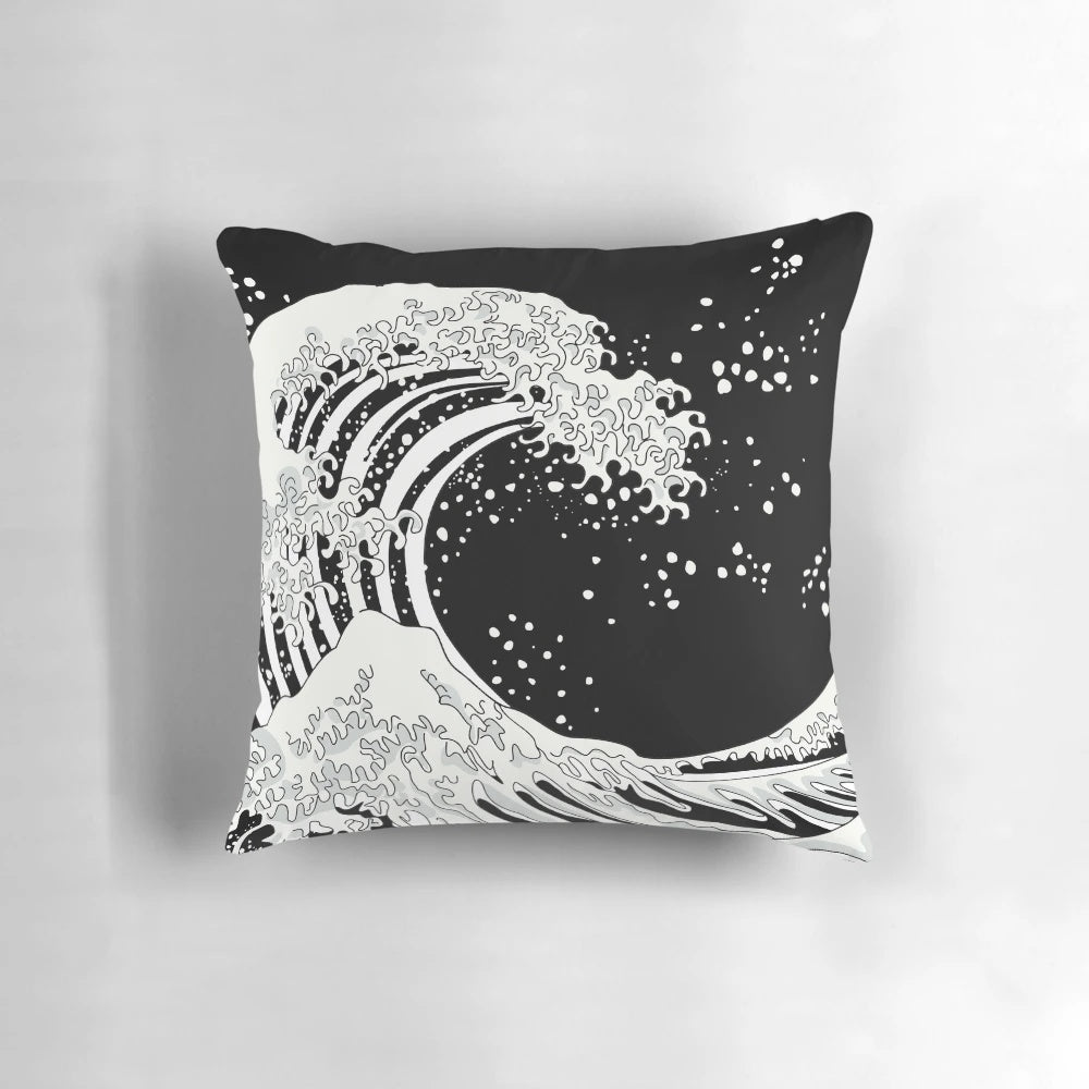 Black and white decorative pillow featuring a bold, graphic wave design