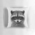 Detailed black and white photograph of a raccoon's face and shoulders against a plain background.