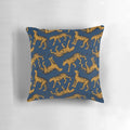 Decorative throw pillow featuring a striking design of tigers in navy blue and marigold colors