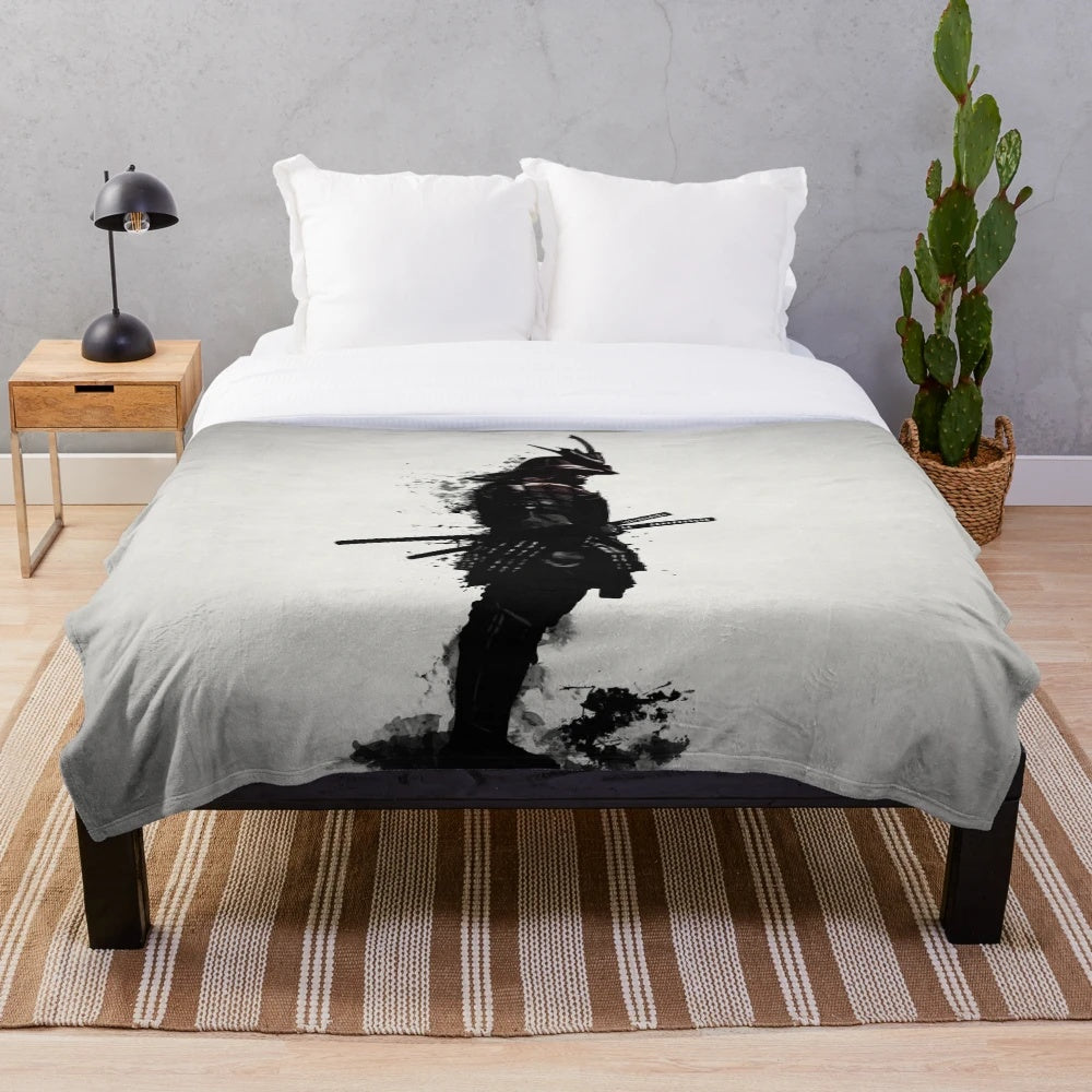 Armored samurai plush blanket with katana sword and Japanese-inspired design