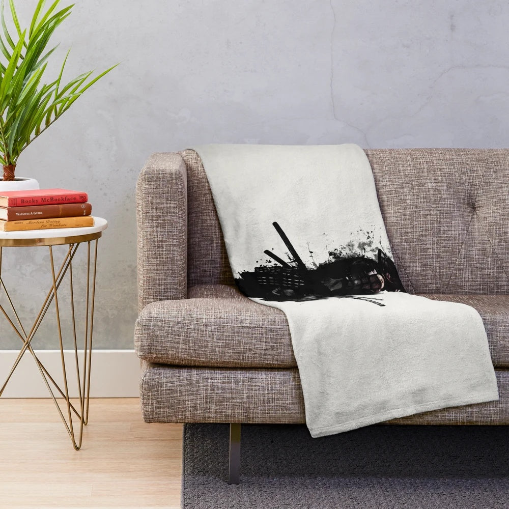 Armored samurai plush blanket with katana sword and Japanese-inspired design