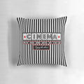 Striped movie theater-themed throw pillow with "Admit One" text