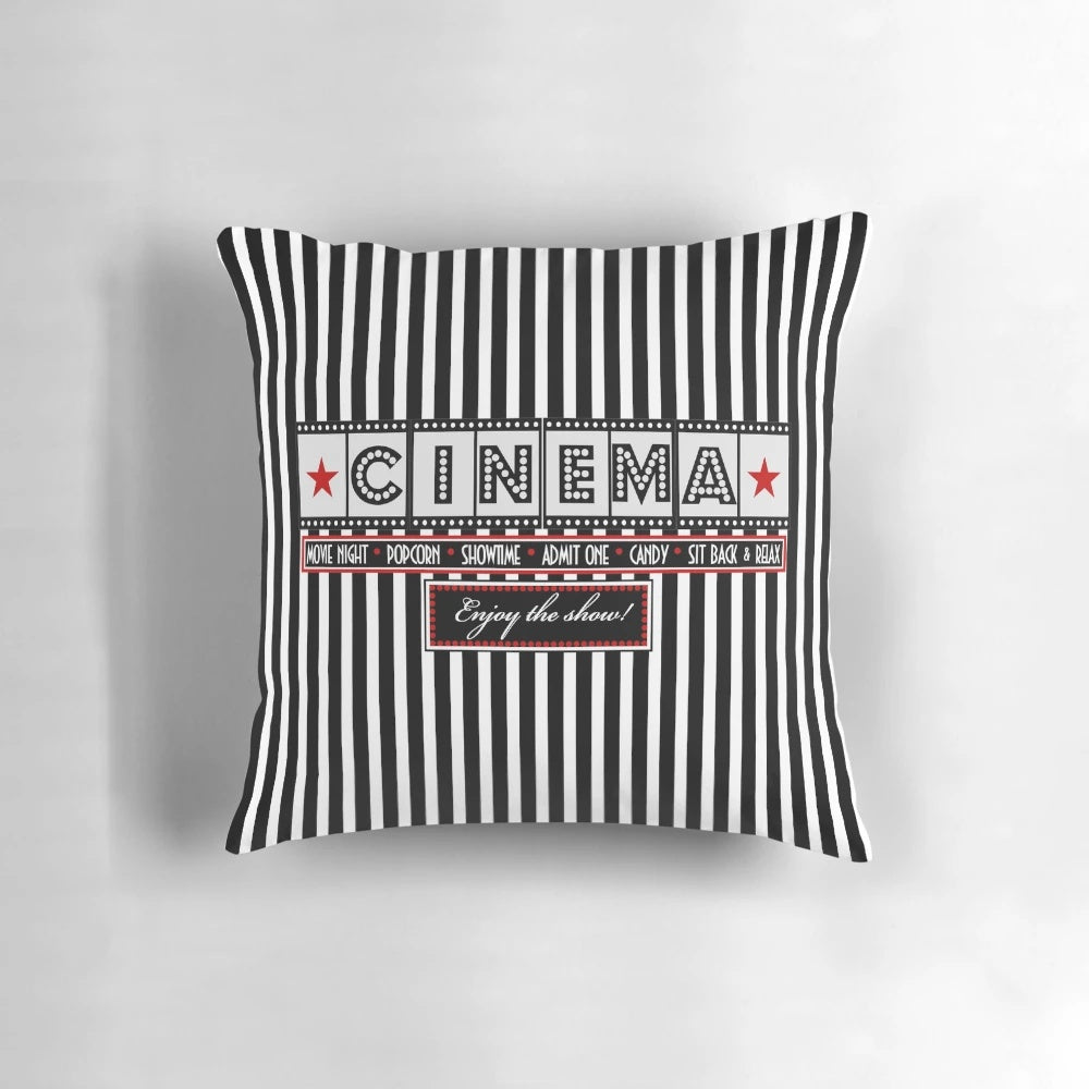 Striped movie theater-themed throw pillow with "Admit One" text