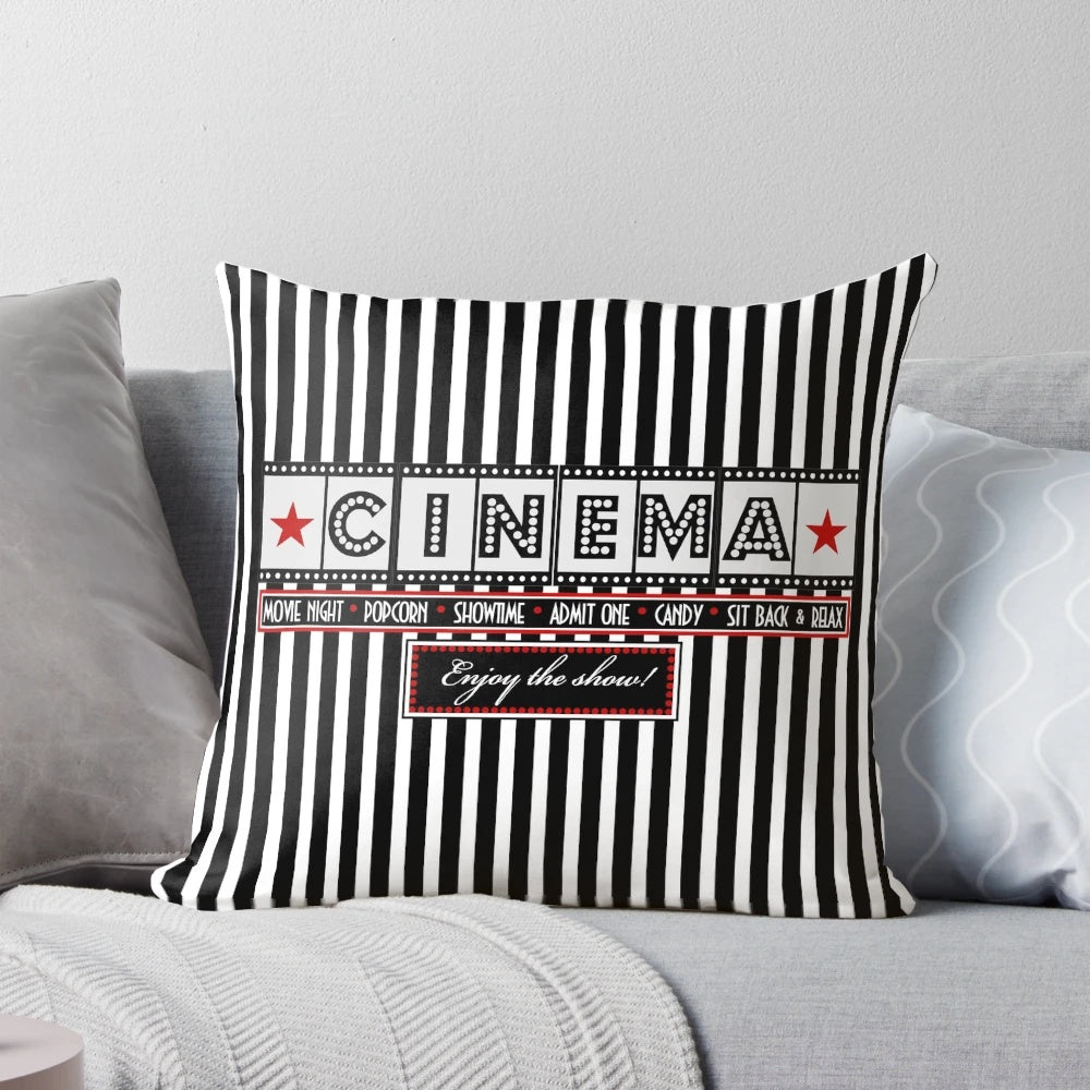 Striped movie theater-themed throw pillow with "Admit One" text