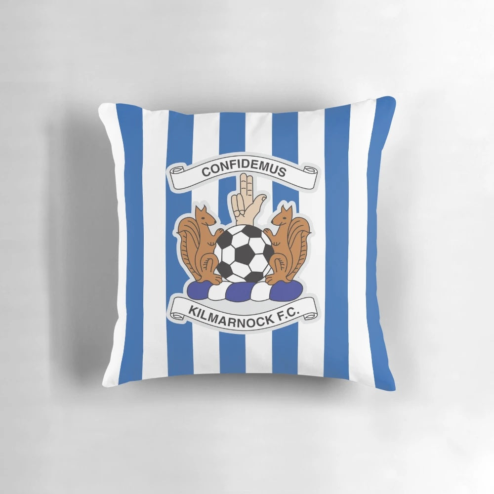 Striped pillow with the Kilmarnock football club logo and colors