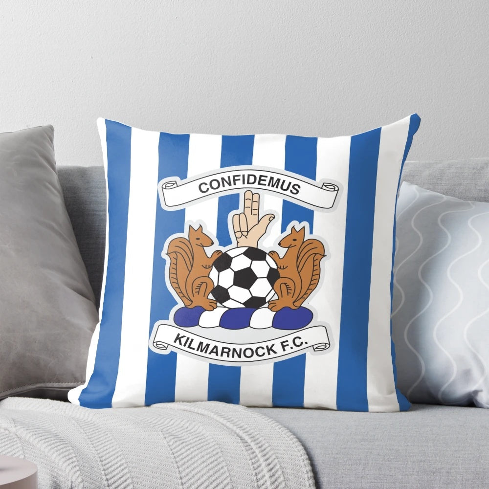 Striped pillow with the Kilmarnock football club logo and colors