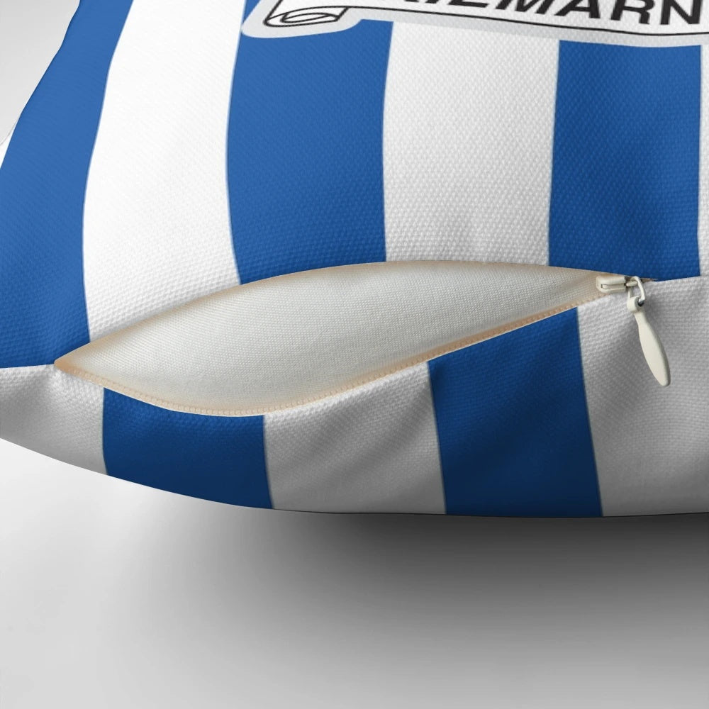 Striped pillow with the Kilmarnock football club logo and colors