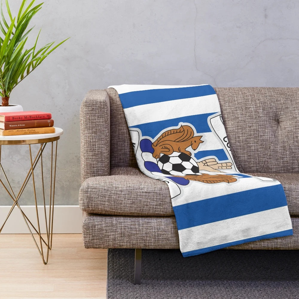 Striped plush blanket featuring the colors and design of Kilmarnock Football Club
