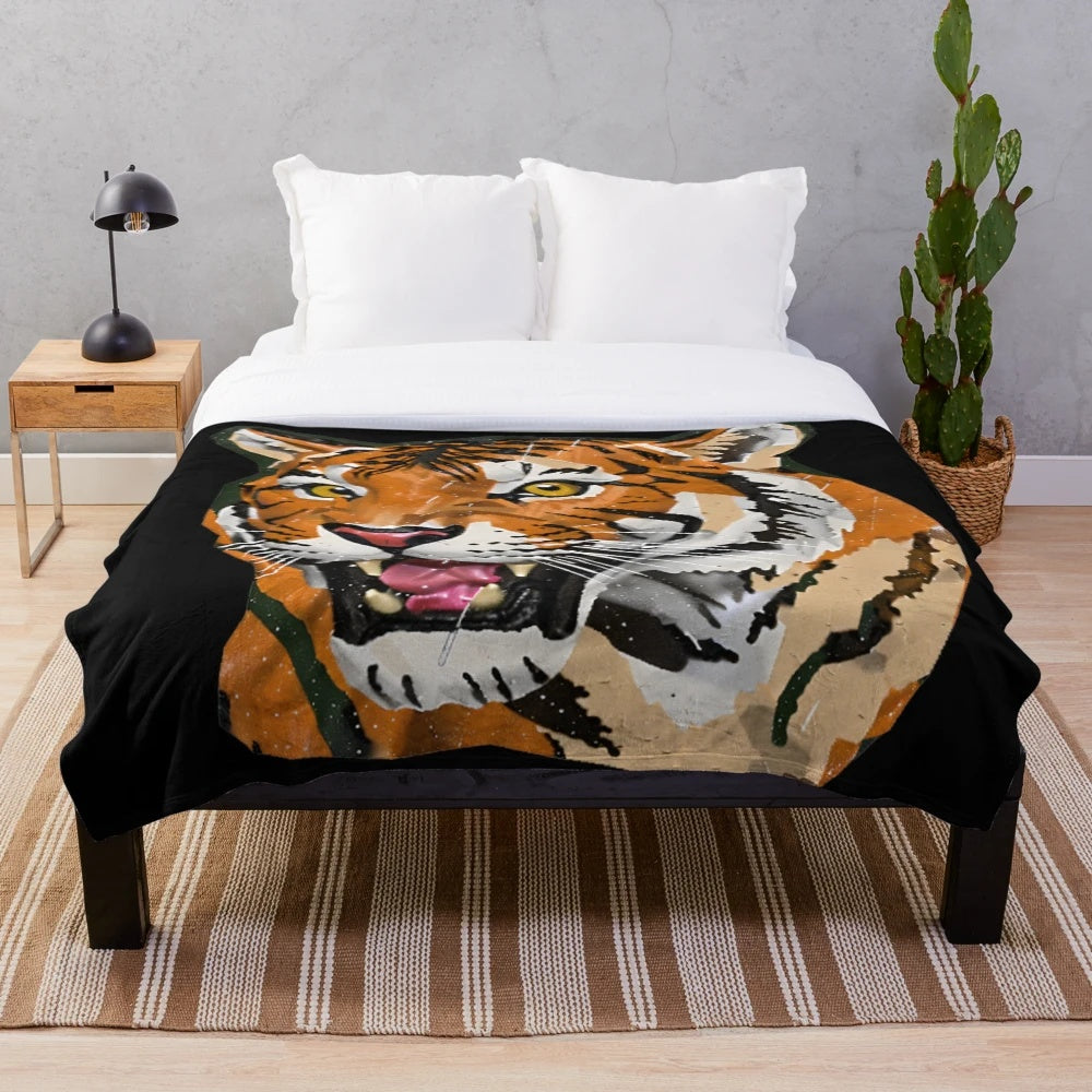 Striped tiger print plush blanket with a retro, vintage style design