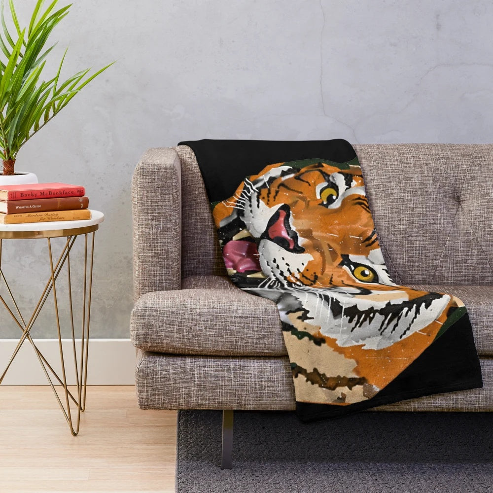 Striped tiger print plush blanket with a retro, vintage style design
