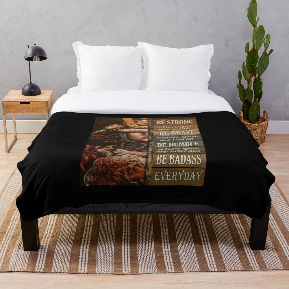 A plush blanket featuring a powerful female samurai warrior