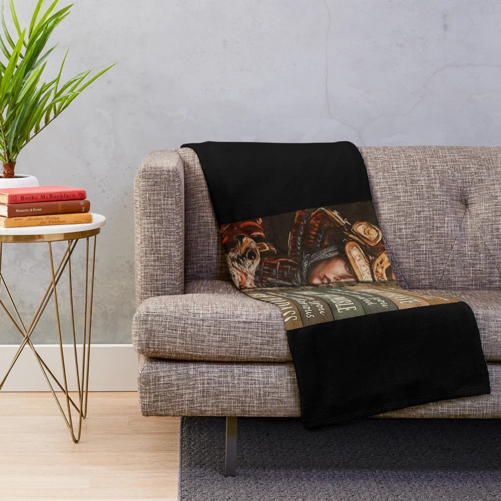 A plush blanket featuring a powerful female samurai warrior
