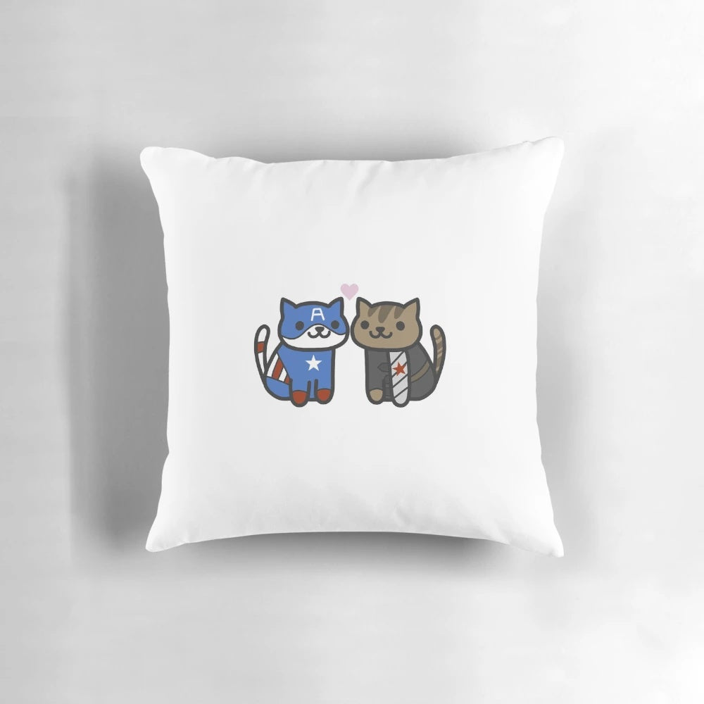 A plush pillow featuring the characters Captain America and Bucky Barnes, with a cat-themed design.