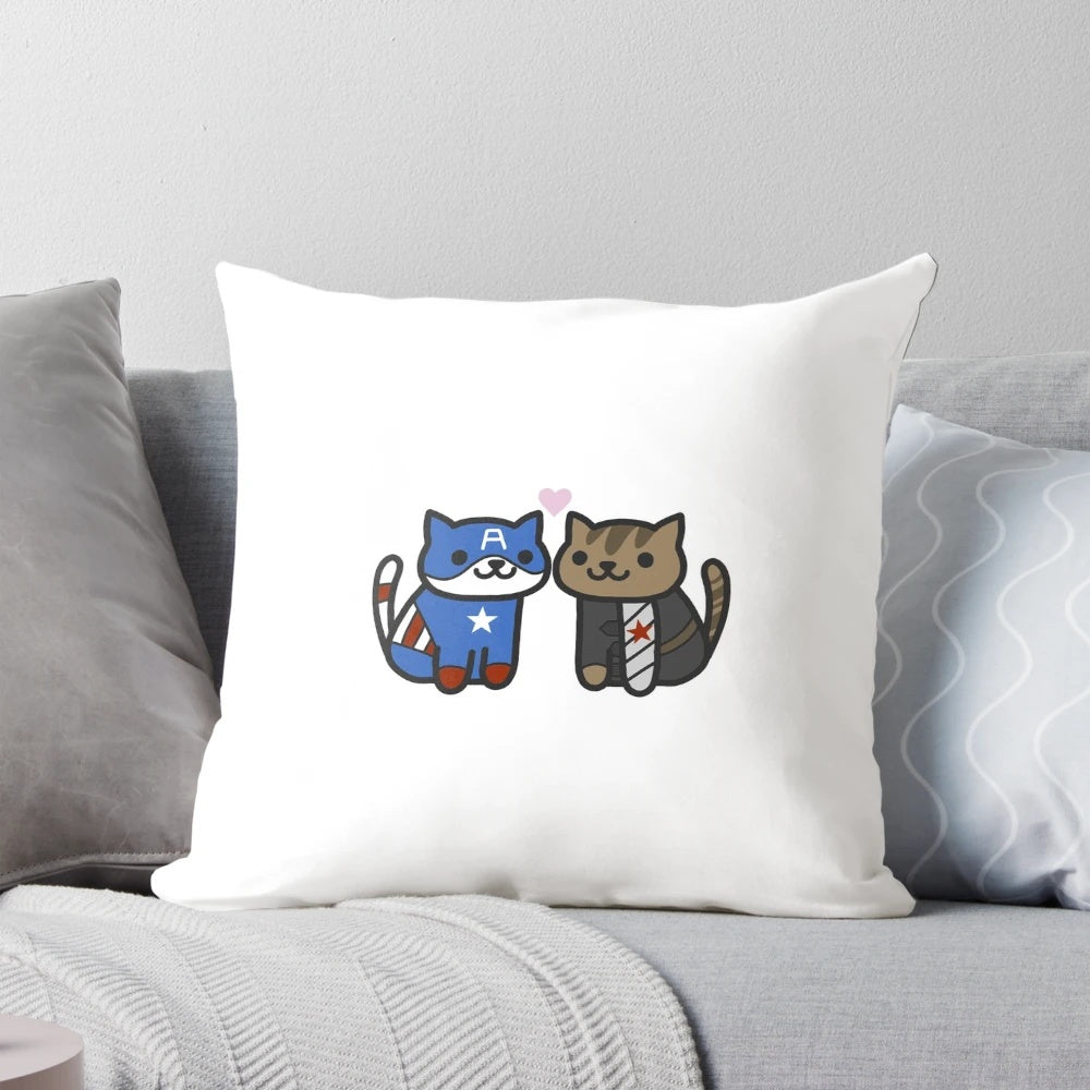 A plush pillow featuring the characters Captain America and Bucky Barnes, with a cat-themed design.