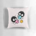 Studio Ghibli inspired pillow featuring soot sprites, Totoro, Ponyo, and characters from Howl's Moving Castle and Kiki's Delivery Service.