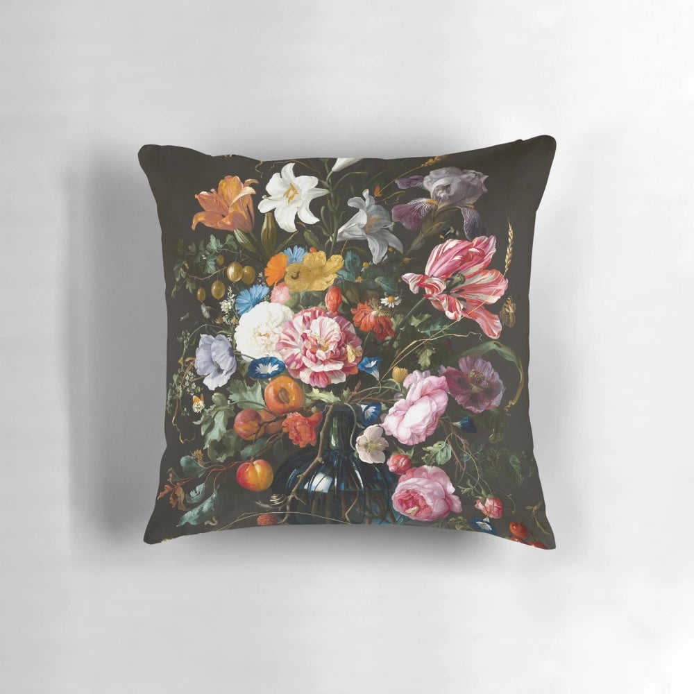 Vibrant floral still life painting by renowned Dutch Golden Age artist Jan Davidsz. de Heem reproduced on a high-quality pillow.