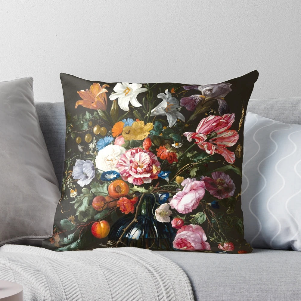Vibrant floral still life painting by renowned Dutch Golden Age artist Jan Davidsz. de Heem reproduced on a high-quality pillow.