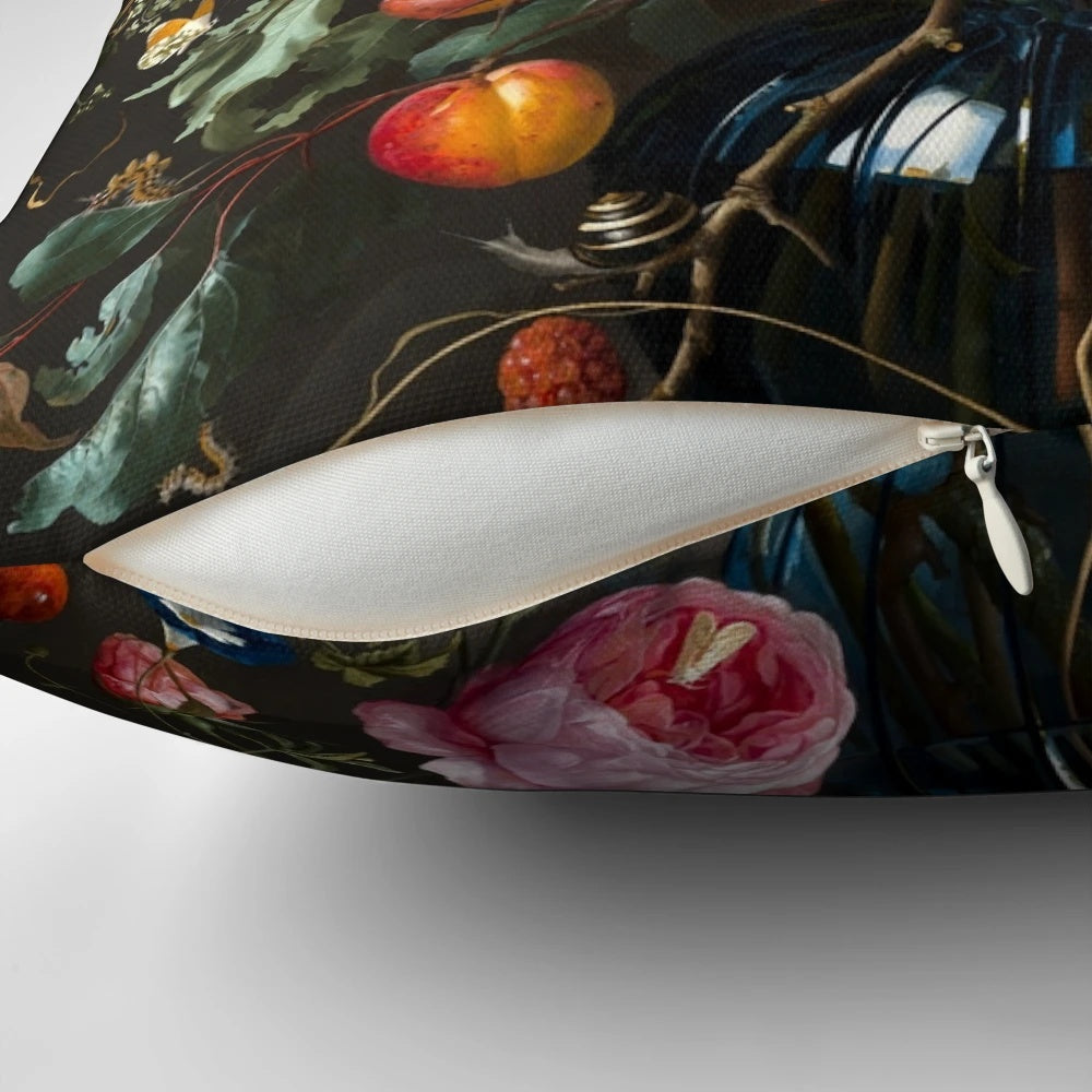 Vibrant floral still life painting by renowned Dutch Golden Age artist Jan Davidsz. de Heem reproduced on a high-quality pillow.