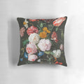 Vibrant oil painting depicting a lush bouquet of flowers in the Dutch Golden Age style, featured on a high-quality throw pillow.