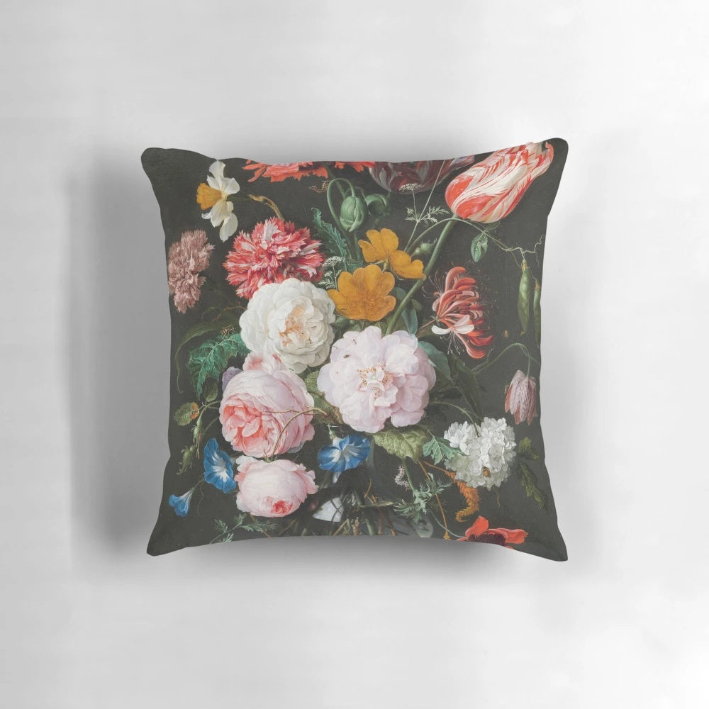 Vibrant oil painting depicting a lush bouquet of flowers in the Dutch Golden Age style, featured on a high-quality throw pillow.