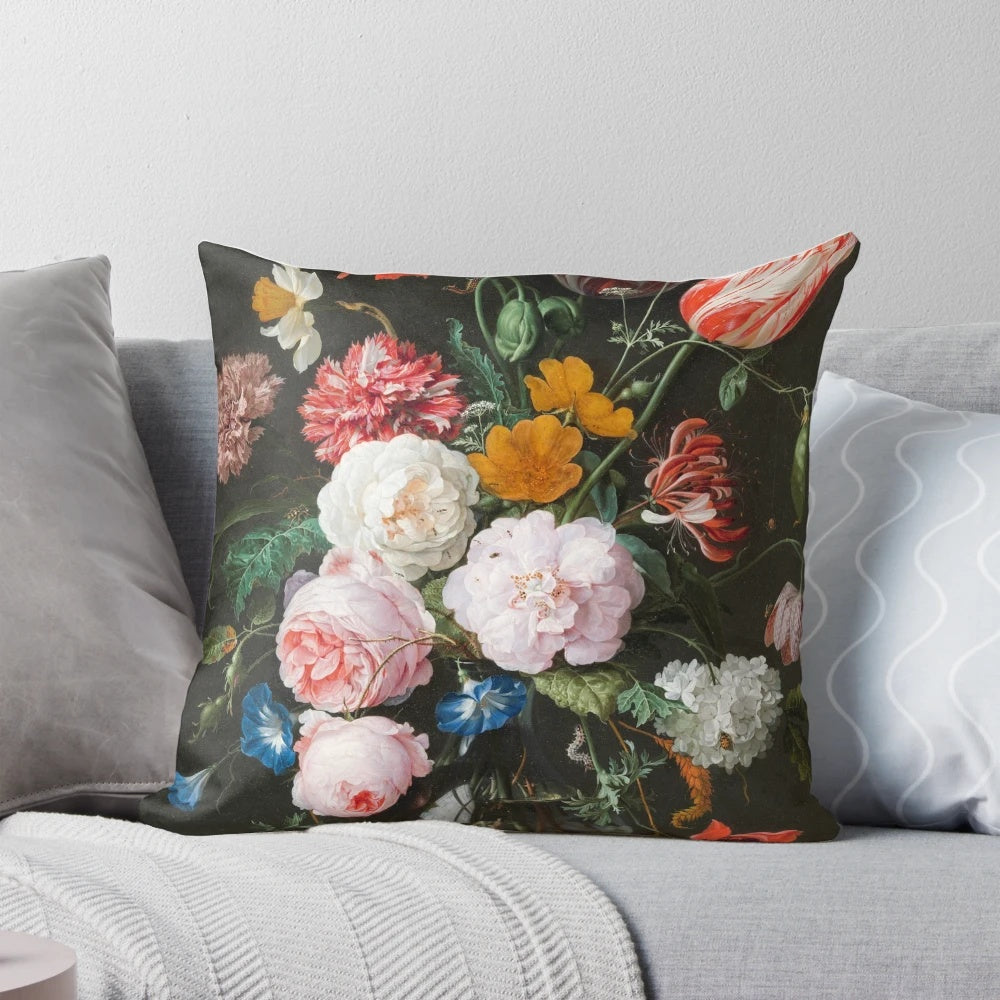 Vibrant oil painting depicting a lush bouquet of flowers in the Dutch Golden Age style, featured on a high-quality throw pillow.