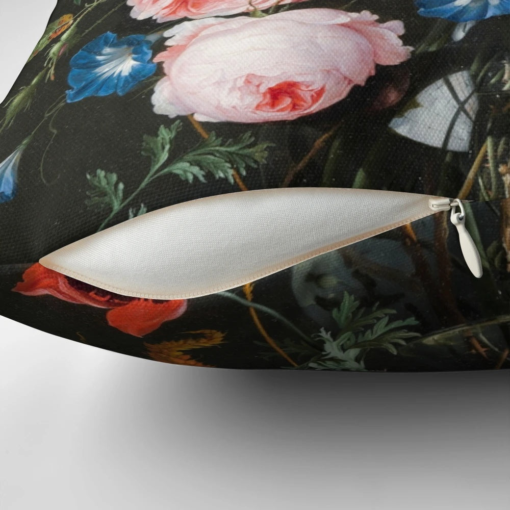 Vibrant oil painting depicting a lush bouquet of flowers in the Dutch Golden Age style, featured on a high-quality throw pillow.