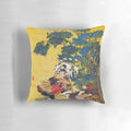 Ito Jakuchu's 'Ajisaisoukei-zu' artwork featuring a rooster and hen with blue hydrangea flowers on a decorative pillow