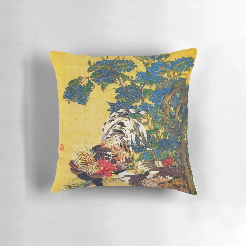 Ito Jakuchu's 'Ajisaisoukei-zu' artwork featuring a rooster and hen with blue hydrangea flowers on a decorative pillow