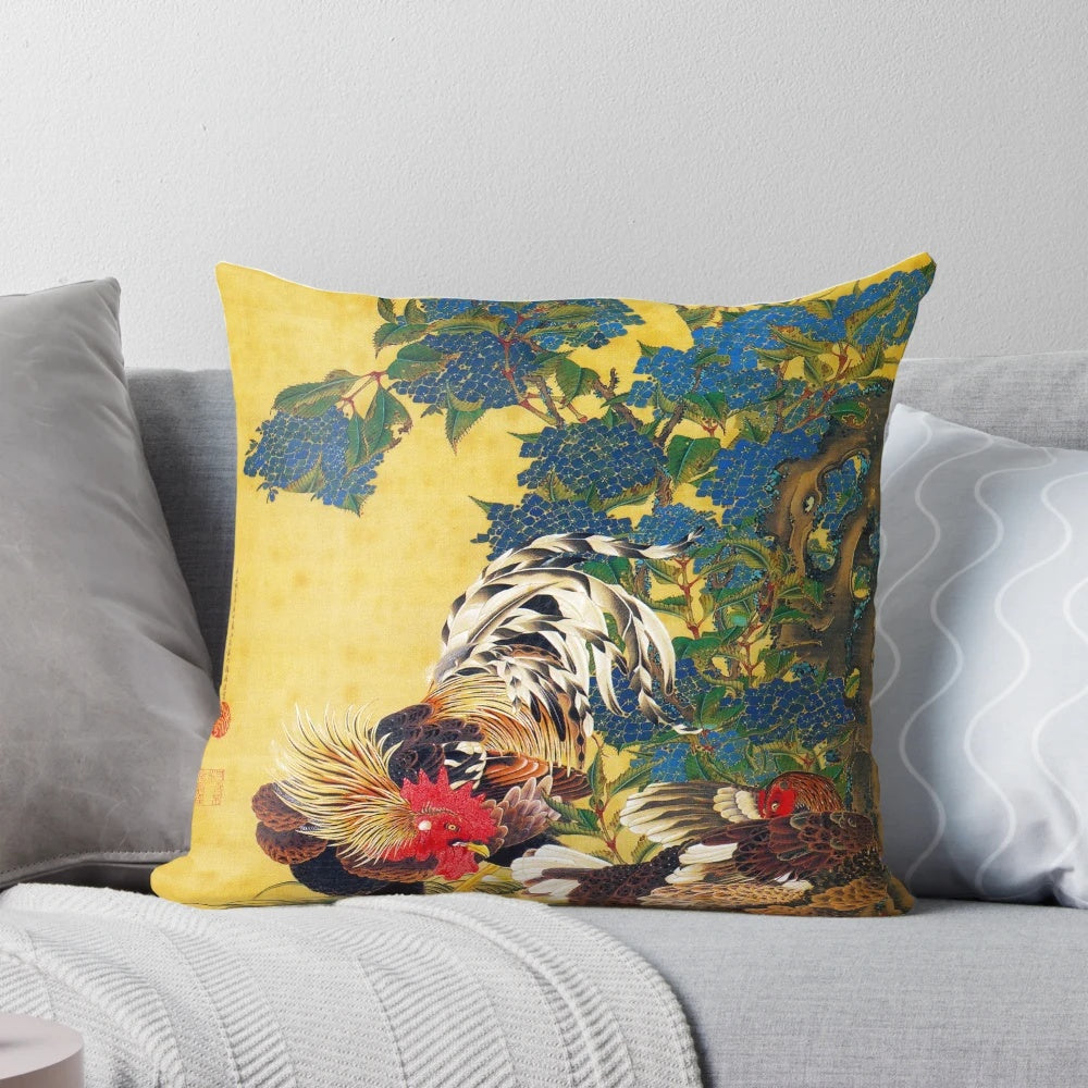 Ito Jakuchu's 'Ajisaisoukei-zu' artwork featuring a rooster and hen with blue hydrangea flowers on a decorative pillow