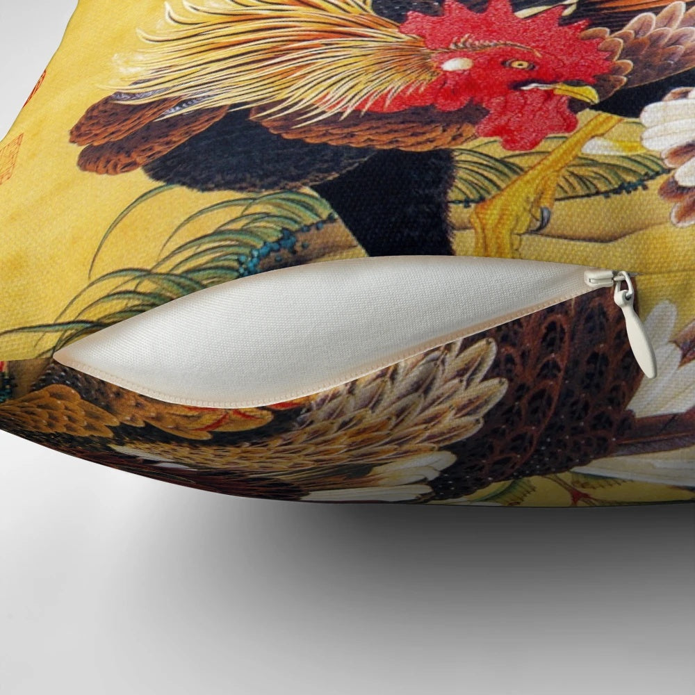 Ito Jakuchu's 'Ajisaisoukei-zu' artwork featuring a rooster and hen with blue hydrangea flowers on a decorative pillow