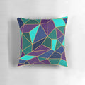 A decorative throw pillow featuring an abstract geometric stained glass design in shades of purple and teal.