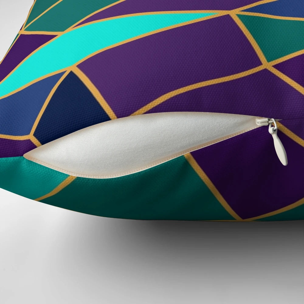 A decorative throw pillow featuring an abstract geometric stained glass design in shades of purple and teal.