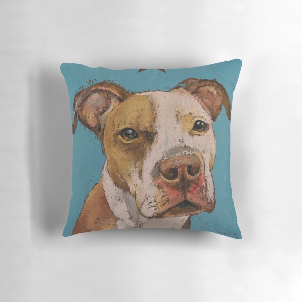 Vibrant oil painting of an American Pitbull Terrier dog on a decorative throw pillow