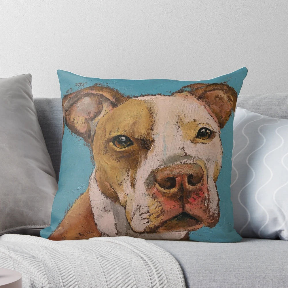 Vibrant oil painting of an American Pitbull Terrier dog on a decorative throw pillow