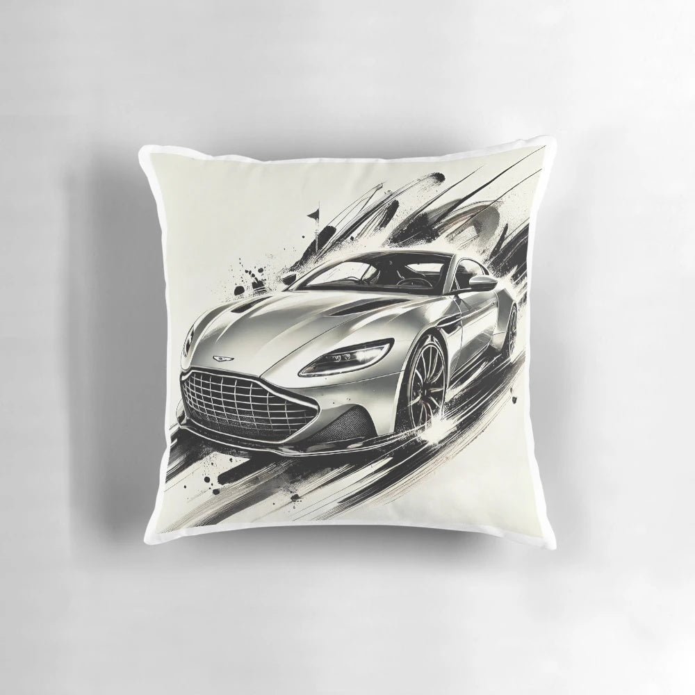 Aston Martin DBS decorative pillow with vibrant watercolor and calligraphy art design