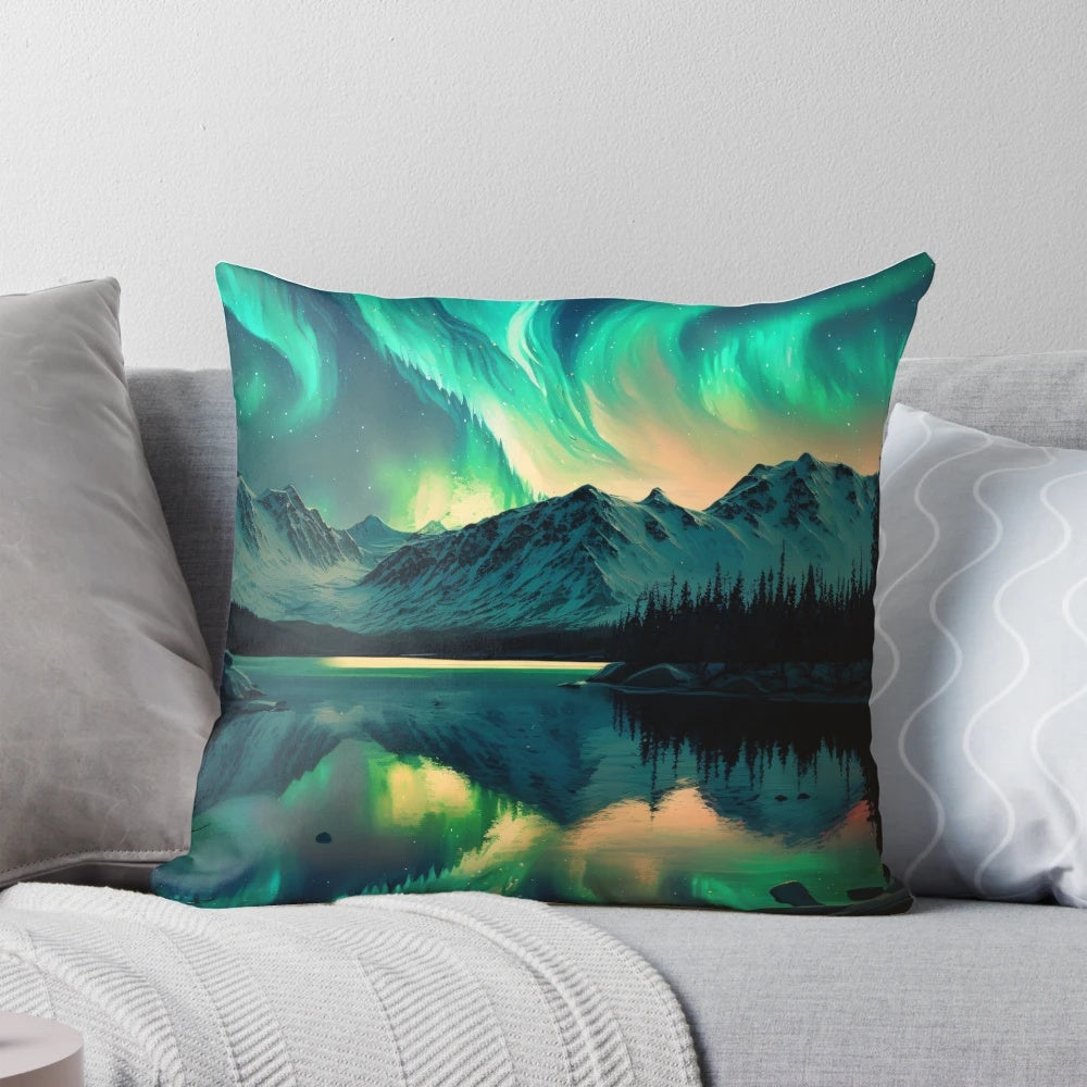 Vibrant Aurora Borealis lighting up the night sky over snowy mountains