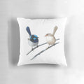 Closeup of a colorful male Australian fairy wren bird on a decorative pillow