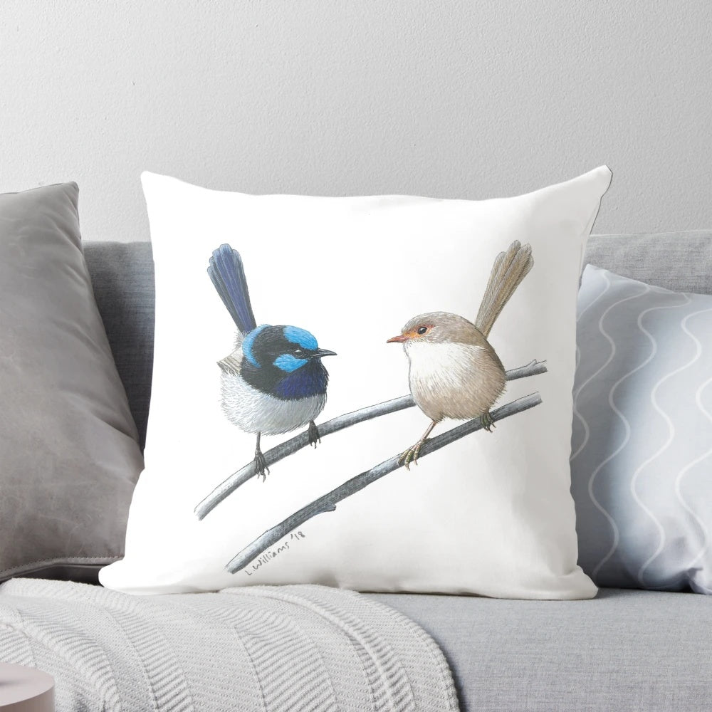 Closeup of a colorful male Australian fairy wren bird on a decorative pillow