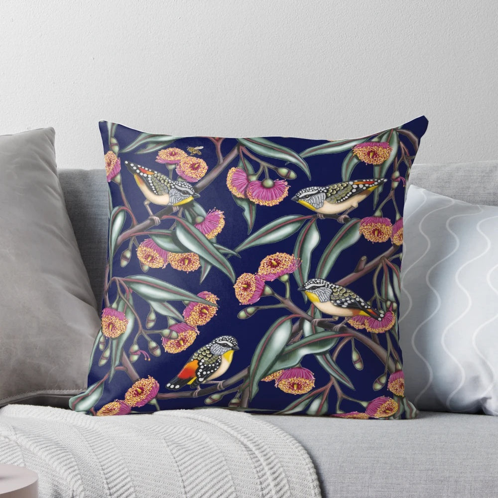Colorful illustration of a pardalote, a small Australian bird, perched on pink gum flowers.