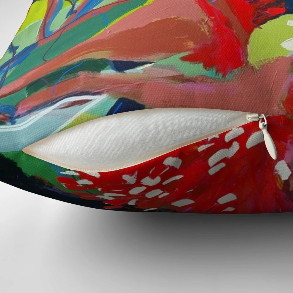 Colorful Australian red gum flowers printed on a soft, high-quality pillow