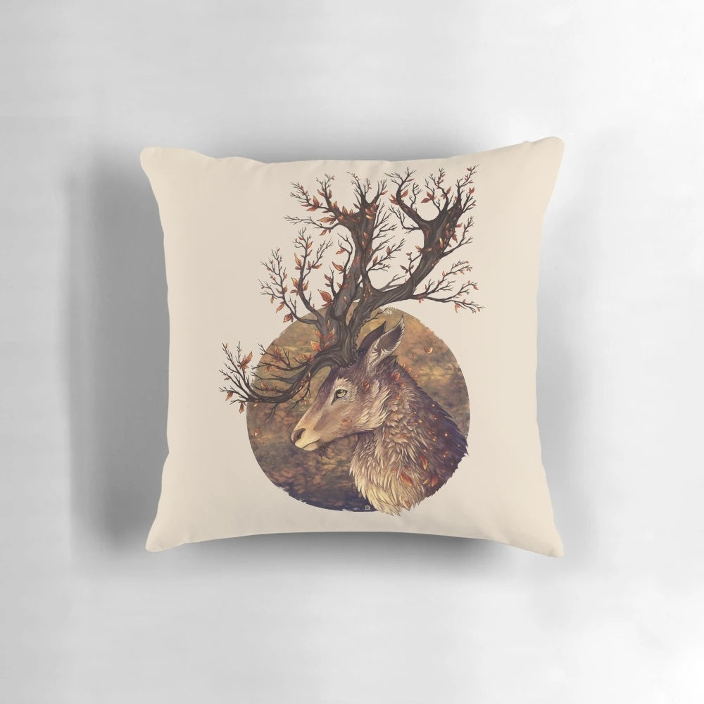 Detailed Autumn pillow design featuring a realistic deer portrait in a fantastical forest scene