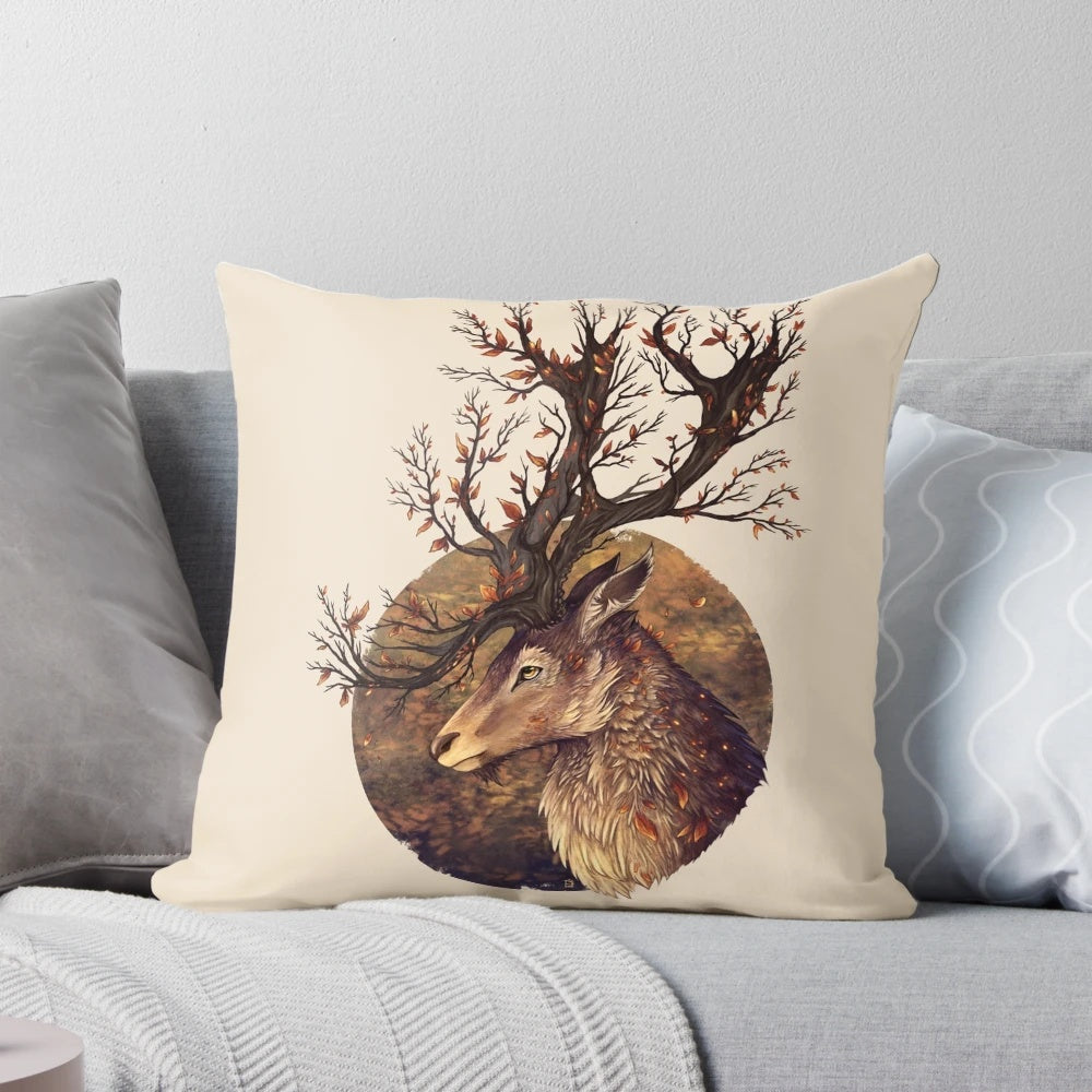 Detailed Autumn pillow design featuring a realistic deer portrait in a fantastical forest scene